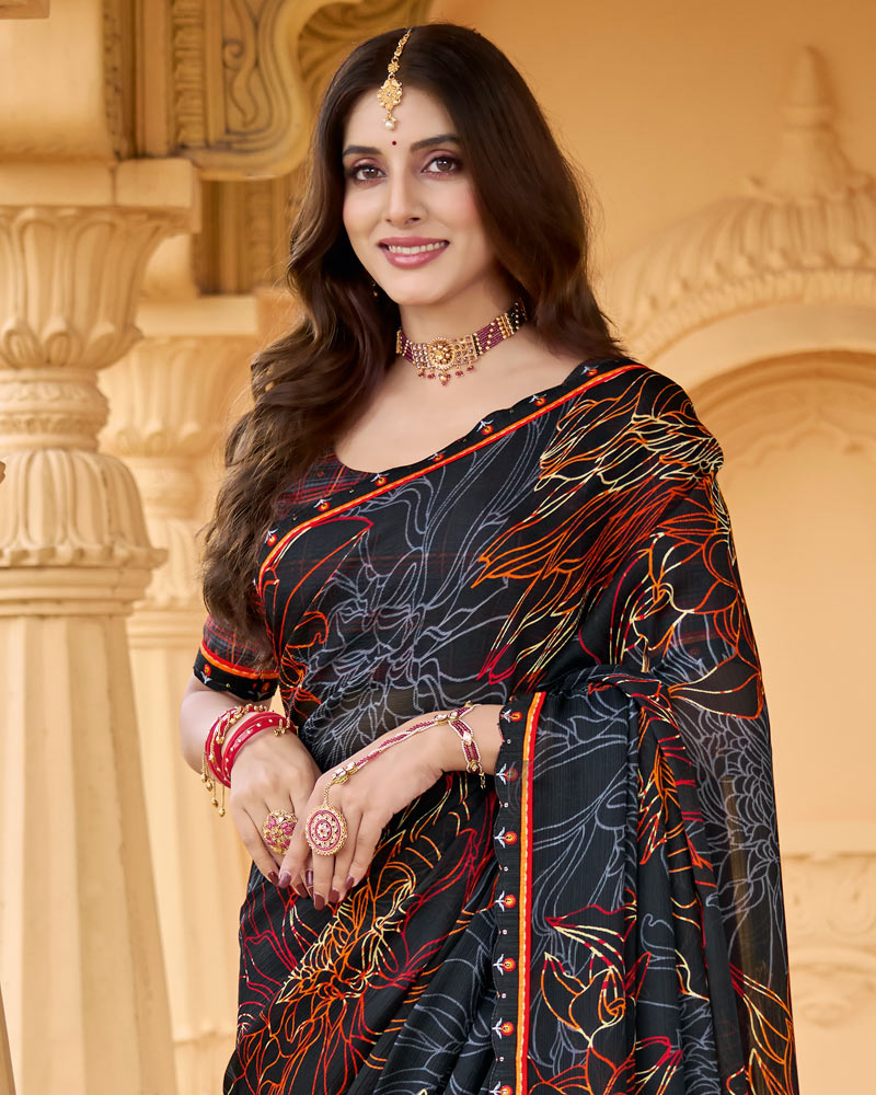 Vishal Prints Smokey Black Printed Chiffon Saree With Fancy Border