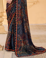 Vishal Prints Smokey Black Printed Chiffon Saree With Fancy Border