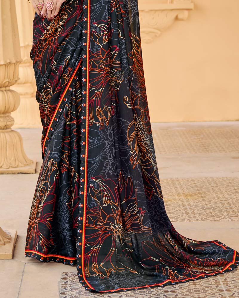 Vishal Prints Smokey Black Printed Chiffon Saree With Fancy Border