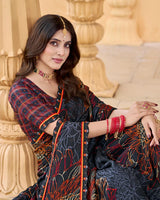 Vishal Prints Smokey Black Printed Chiffon Saree With Fancy Border