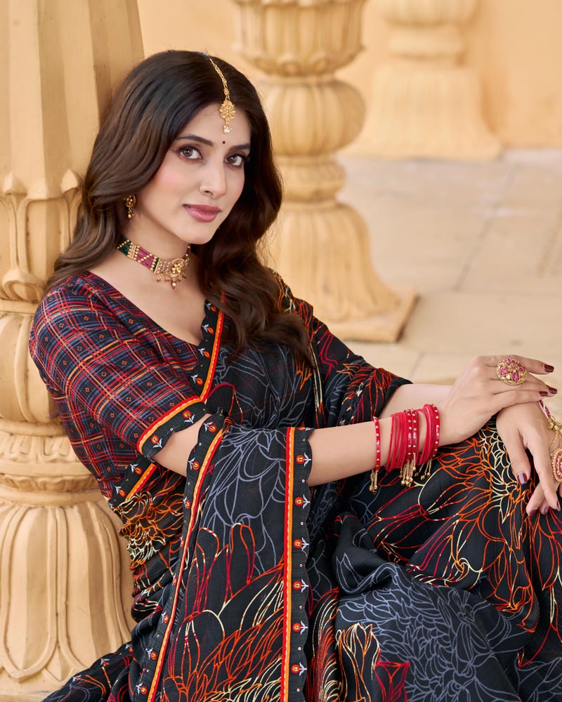 Vishal Prints Smokey Black Printed Chiffon Saree With Fancy Border