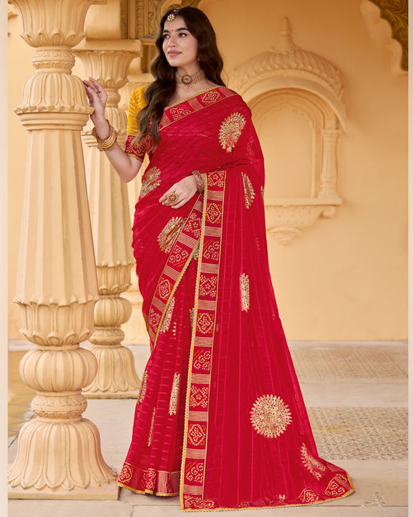 Vishal Prints Scarlet Red Printed Patterned Chiffon Traditional Print Saree With Foil Print And Fancy Border