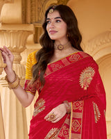 Vishal Prints Scarlet Red Printed Patterned Chiffon Traditional Print Saree With Foil Print And Fancy Border