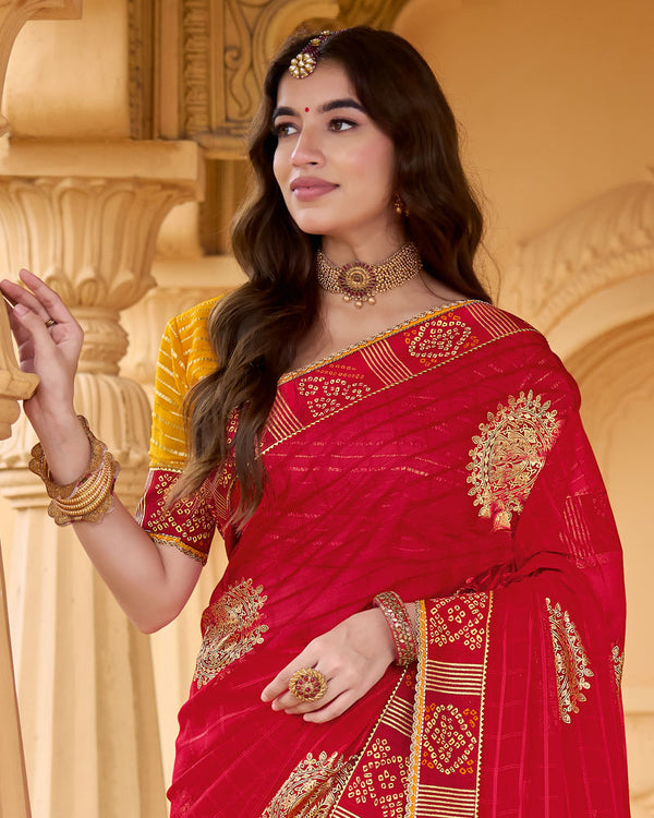 Vishal Prints Scarlet Red Printed Patterned Chiffon Traditional Print Saree With Foil Print And Fancy Border