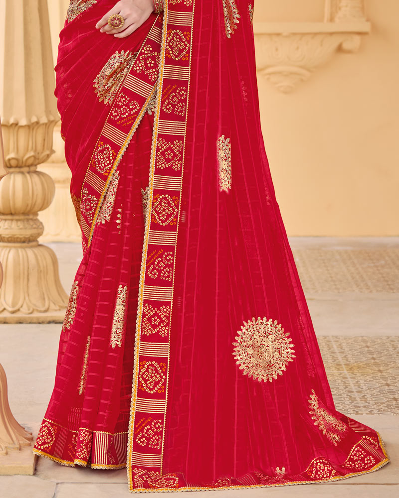 Vishal Prints Scarlet Red Printed Patterned Chiffon Traditional Print Saree With Foil Print And Fancy Border