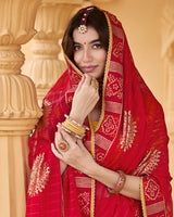 Vishal Prints Scarlet Red Printed Patterned Chiffon Traditional Print Saree With Foil Print And Fancy Border