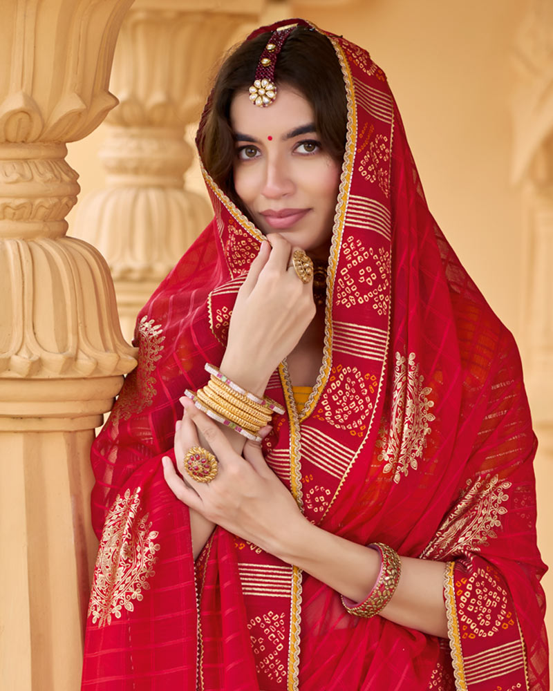 Vishal Prints Scarlet Red Printed Patterned Chiffon Traditional Print Saree With Foil Print And Fancy Border