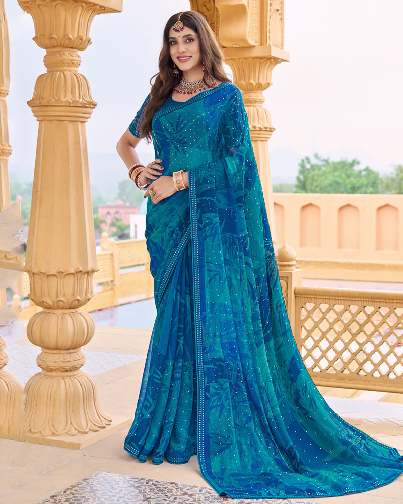 Vishal Prints Deep Aqua Blue Printed Chiffon Saree With Embellished Work And Fancy Border