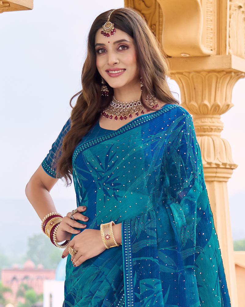 Vishal Prints Deep Aqua Blue Printed Chiffon Saree With Embellished Work And Fancy Border