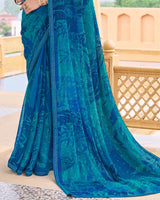 Vishal Prints Deep Aqua Blue Printed Chiffon Saree With Embellished Work And Fancy Border