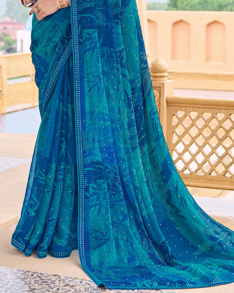 Vishal Prints Deep Aqua Blue Printed Chiffon Saree With Embellished Work And Fancy Border