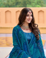 Vishal Prints Deep Aqua Blue Printed Chiffon Saree With Embellished Work And Fancy Border