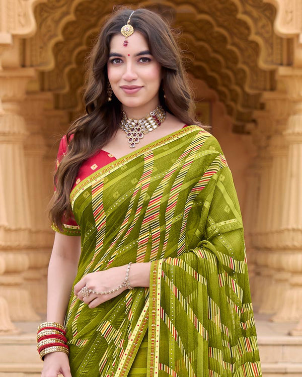 Vishal Prints Mehandi Green Printed Patterned Brasso Saree With Embellished Work And Fancy Border
