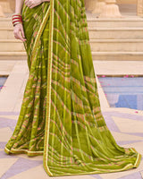 Vishal Prints Mehandi Green Printed Patterned Brasso Saree With Embellished Work And Fancy Border