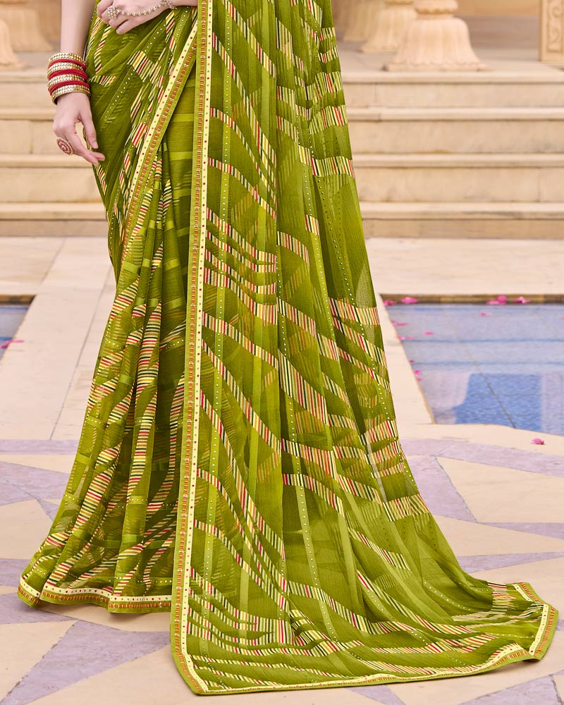 Vishal Prints Mehandi Green Printed Patterned Brasso Saree With Embellished Work And Fancy Border