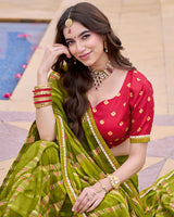 Vishal Prints Mehandi Green Printed Patterned Brasso Saree With Embellished Work And Fancy Border