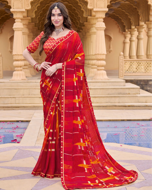 Vishal Prints Lava Red Printed Chiffon Saree With Foil Print And Fancy Border