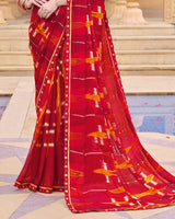 Vishal Prints Lava Red Printed Chiffon Saree With Foil Print And Fancy Border