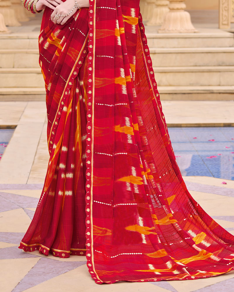 Vishal Prints Lava Red Printed Chiffon Saree With Foil Print And Fancy Border