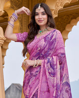 Vishal Prints Purplish Pink Printed Chiffon Saree With Foil Print And Fancy Border