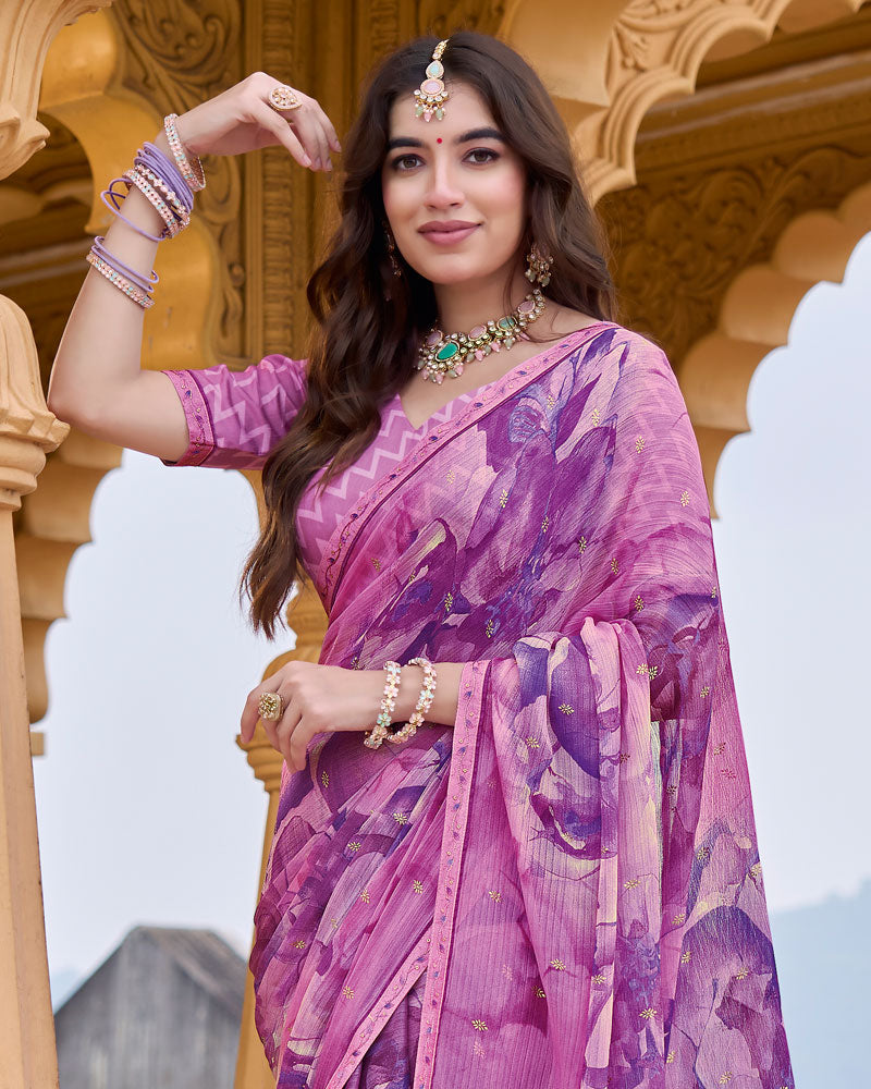 Vishal Prints Purplish Pink Printed Chiffon Saree With Foil Print And Fancy Border