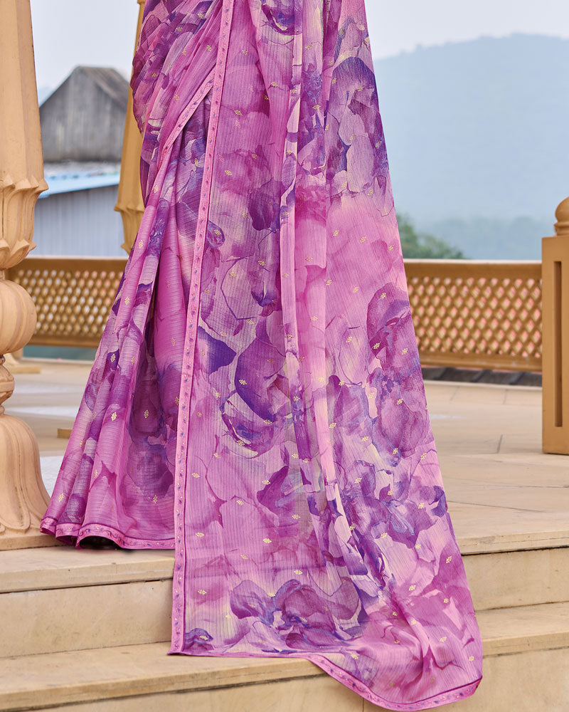Vishal Prints Purplish Pink Printed Chiffon Saree With Foil Print And Fancy Border