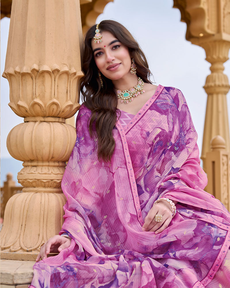 Vishal Prints Purplish Pink Printed Chiffon Saree With Foil Print And Fancy Border