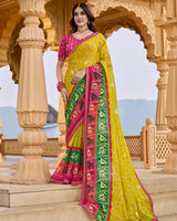 Vishal Prints Mustard Yellow Printed Chiffon Traditional Print Saree With Foil Print And Fancy Border