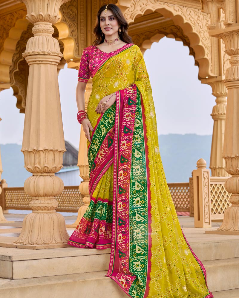 Vishal Prints Mustard Yellow Printed Chiffon Traditional Print Saree With Foil Print And Fancy Border