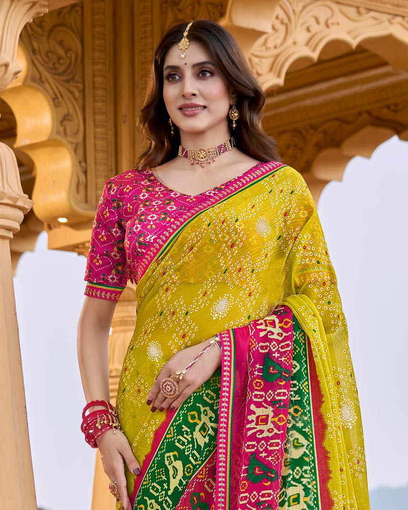 Vishal Prints Mustard Yellow Printed Chiffon Traditional Print Saree With Foil Print And Fancy Border