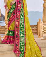 Vishal Prints Mustard Yellow Printed Chiffon Traditional Print Saree With Foil Print And Fancy Border