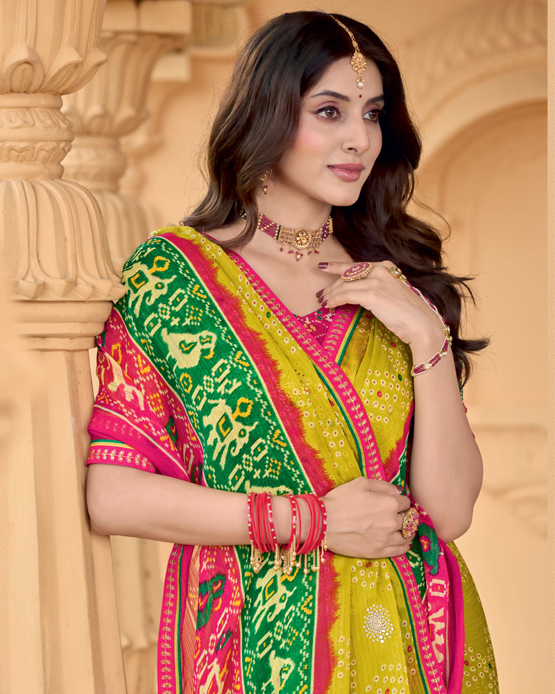 Vishal Prints Mustard Yellow Printed Chiffon Traditional Print Saree With Foil Print And Fancy Border