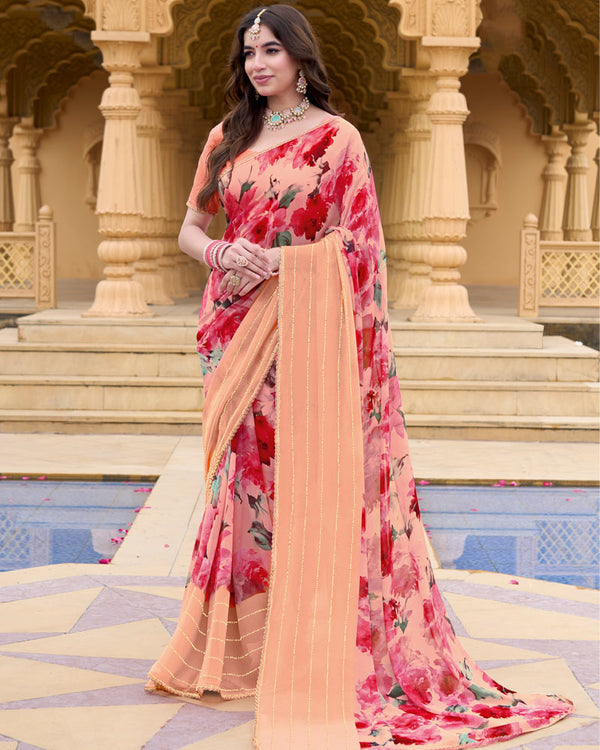 Vishal Prints Peach Printed Chiffon Saree With Embellished Work And Fancy Border