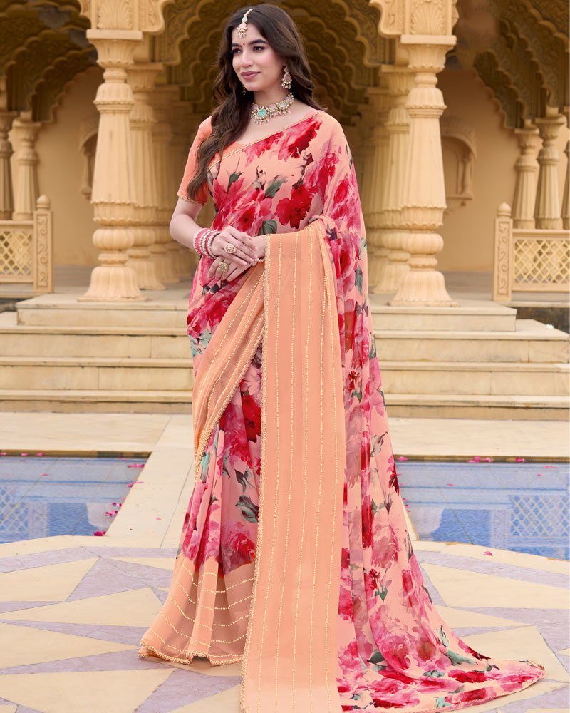 Vishal Prints Peach Printed Chiffon Saree With Embellished Work And Fancy Border