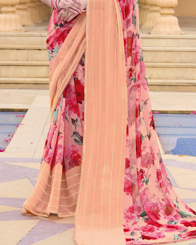 Vishal Prints Peach Printed Chiffon Saree With Embellished Work And Fancy Border