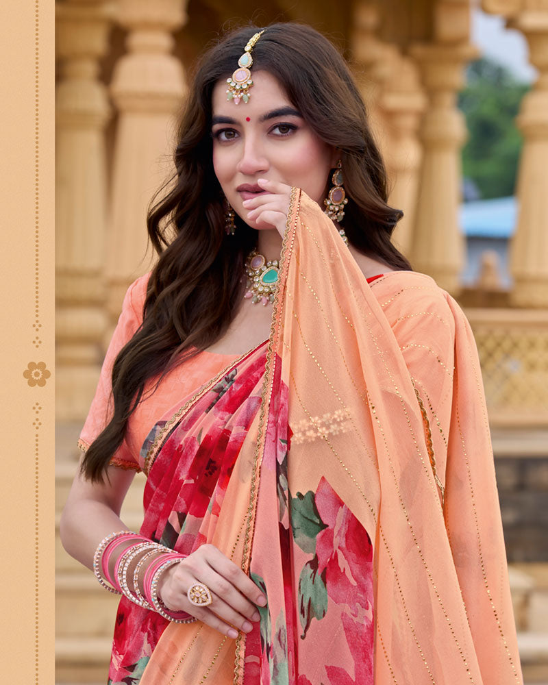 Vishal Prints Peach Printed Chiffon Saree With Embellished Work And Fancy Border