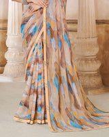 Vishal Prints Pastel Brown Printed Patterned Georgette Saree With Fancy Border