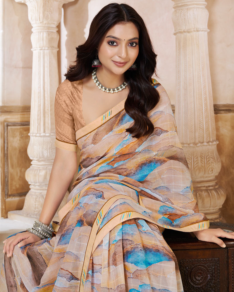 Vishal Prints Pastel Brown Printed Patterned Georgette Saree With Fancy Border