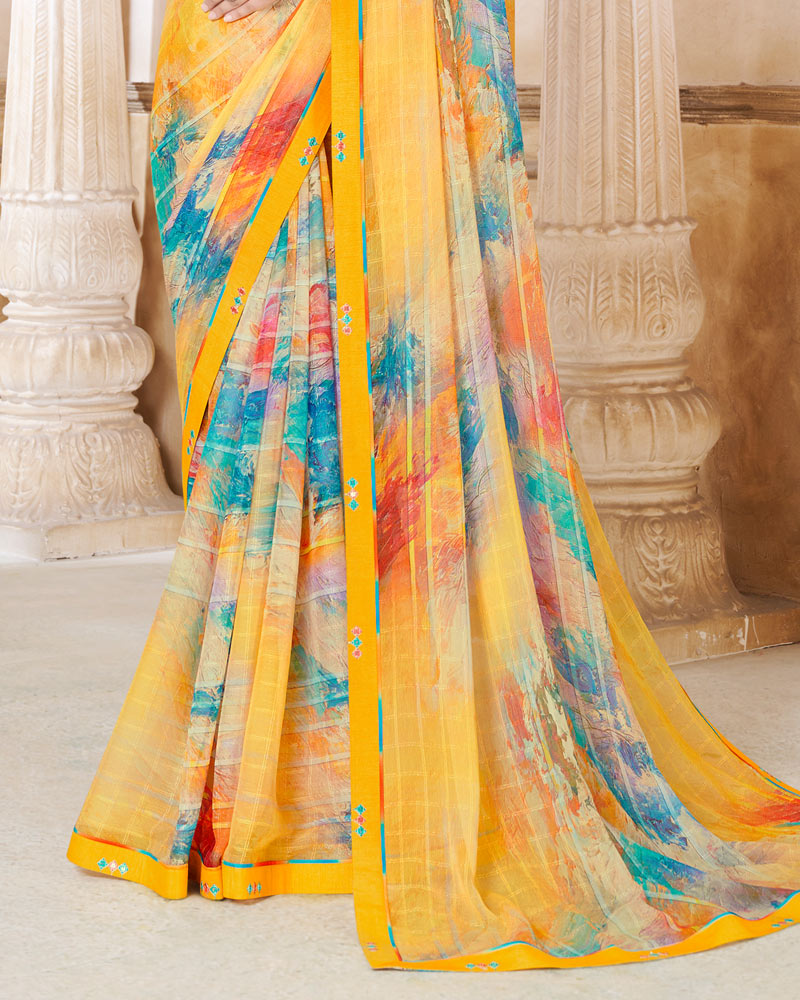 Vishal Prints Dark Yellow Printed Patterned Georgette Saree With Fancy Border
