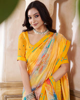 Vishal Prints Dark Yellow Printed Patterned Georgette Saree With Fancy Border