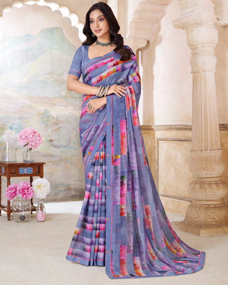 Vishal Prints Cool Grey Printed Patterned Georgette Saree With Fancy Border
