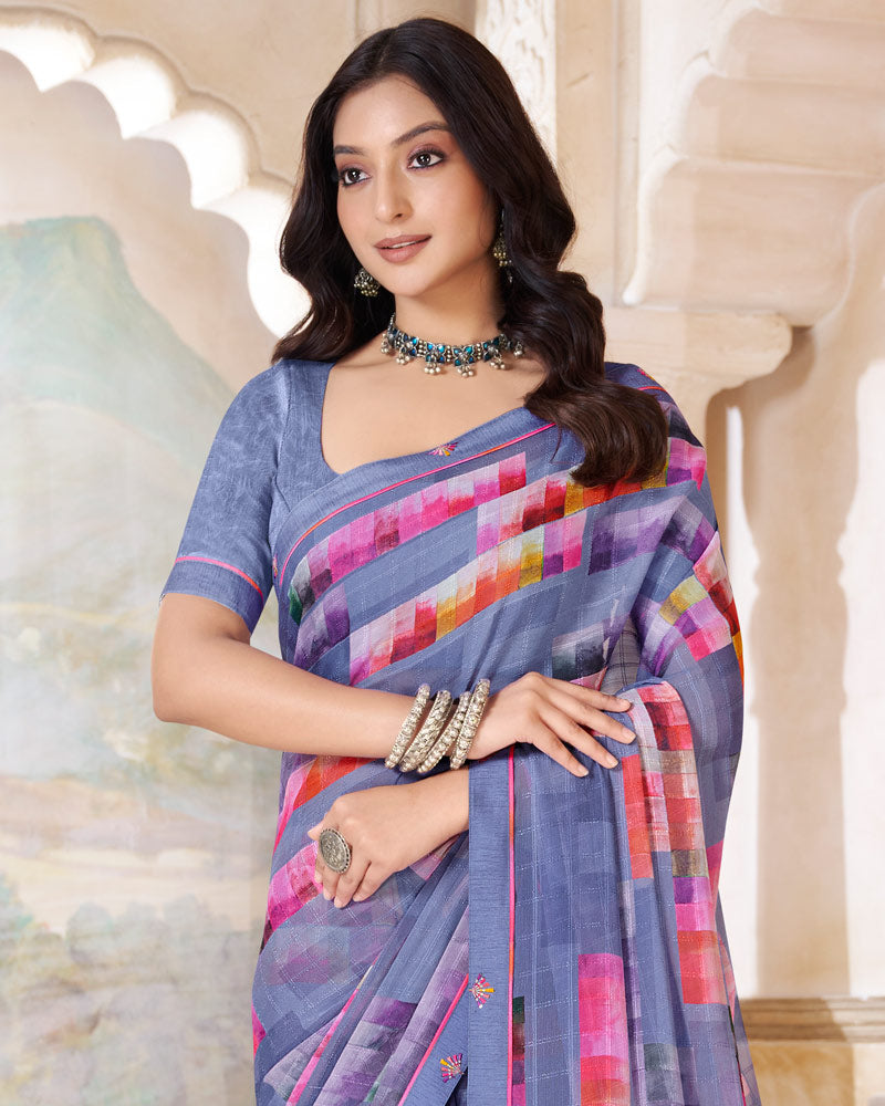 Vishal Prints Cool Grey Printed Patterned Georgette Saree With Fancy Border
