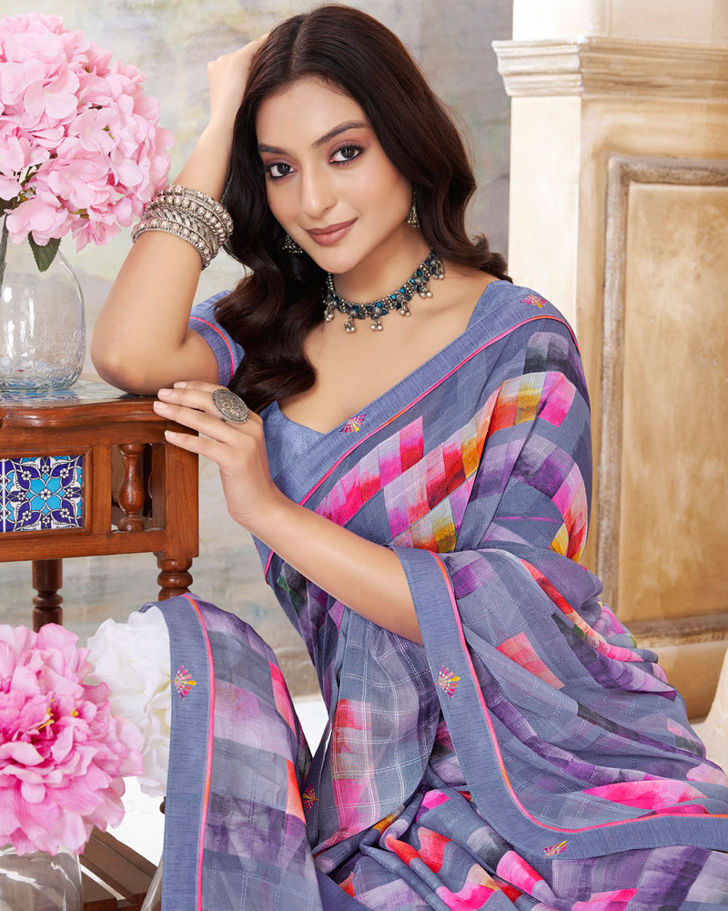 Vishal Prints Cool Grey Printed Patterned Georgette Saree With Fancy Border