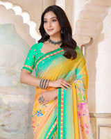 Vishal Prints Dark Mint Green Printed Patterned Georgette Saree With Fancy Border