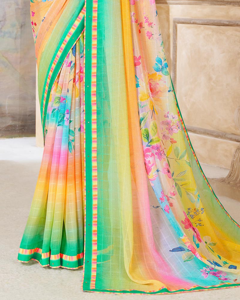 Vishal Prints Dark Mint Green Printed Patterned Georgette Saree With Fancy Border