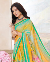 Vishal Prints Dark Mint Green Printed Patterned Georgette Saree With Fancy Border