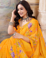 Vishal Prints Golden Yellow Printed Patterned Georgette Saree With Fancy Border