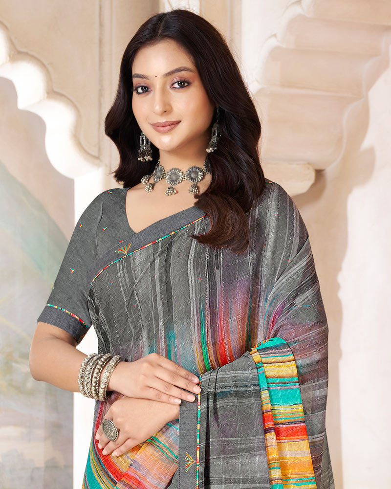Vishal Prints Dark Grey Printed Patterned Georgette Saree With Fancy Border
