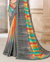 Vishal Prints Dark Grey Printed Patterned Georgette Saree With Fancy Border