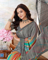 Vishal Prints Dark Grey Printed Patterned Georgette Saree With Fancy Border